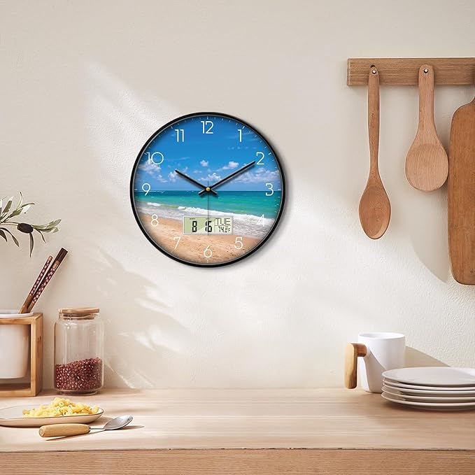 Modern Wall Clocks with Calendar and Date Ocean Wave Sea Beach Digital Clock Large Display Non-Ticking Kitchen Silent Clock with Day and Temperature for Elderly Farmhouse Living Room Bathroom 12 Inch