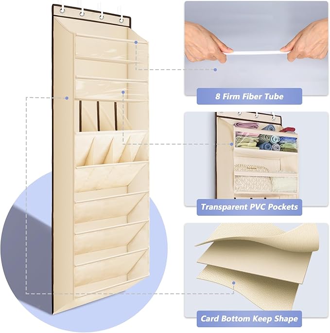 FENTEC 1 Pack Over The Door Shoe Organizer, 68" Exlarge Deep Pockets Hanging Shoe Organizers, 8-Tier Shoe Rack for Closet, Shoe Holder for Boots,Over Door Organizer in Home, RV, Dorm, Beige