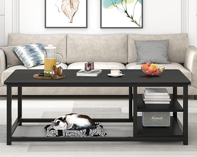 EXCEFUR Black Coffee Table, Rustic Wood Living Room Table with Storage Shelf, Modern Rectangle Center Table, 47 Inch