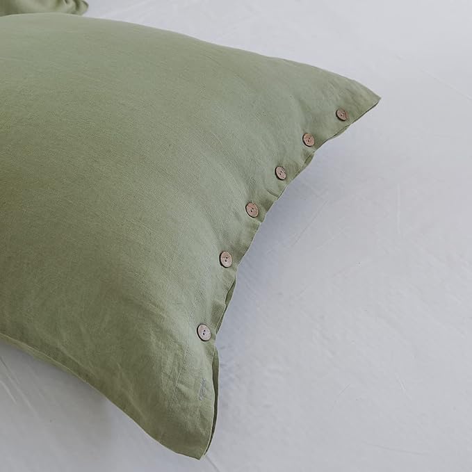 Simple&Opulence 100% Washed Linen Euro Sham Cover, 26 x 26 Inch, Decorative Bed Pillow Cover with Coconut Button, Solid Color Pillow Shams Set of 2 (Sage Green)