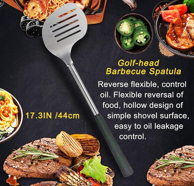 POLIGO 7PCS Golf-Club Style BBQ Grill Tools Kit with Rubber Handle Bundle with 18" Safe Grill Brush And Scraper Bristle Free for All Grills - Premium BBQ Set Ideal Christmas Birthday Gifts for Men Dad