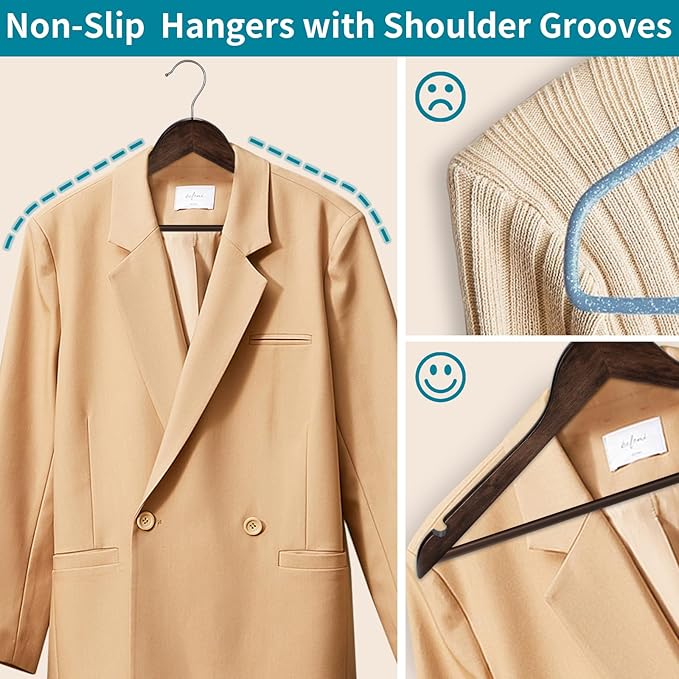 20 Pack Wooden Coat Hangers, 360° Swivel Hook, Suit Hangers with Anti-Slip Notches, for Jackets, Shirts, Dress, Dark Walnut, UAWY0520H