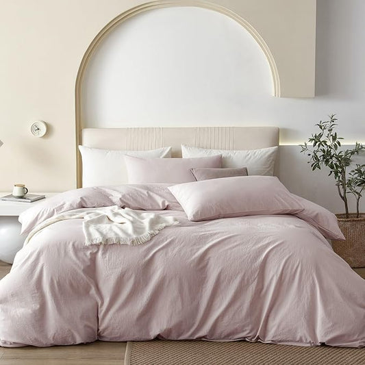 JIYUAN 100% Washed Cotton Duvet Cover Set 3 PCS Oversized King Plus, 1 Duvet Cover 128"x120"(Comforter Not Included) and 2 Pillowcases,Linen Like Comfy and Breathable,Heathered Greyish Pink