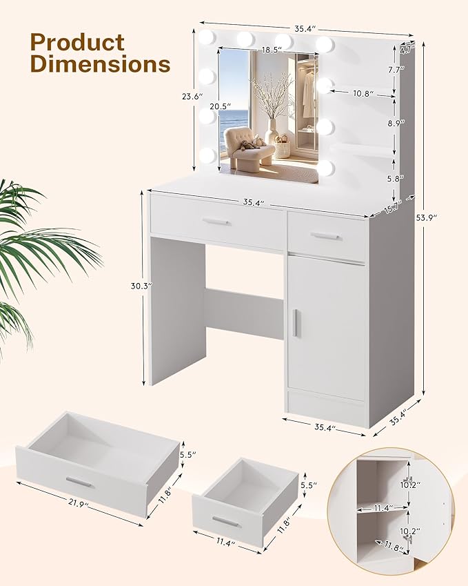 Lighted Makeup Vanity Desk, 35.4“W x 15.7'”D x 54“H, White (with Lights and Mirror, Dimming Function, 2 Drawers and 1 Cabiniet, Open Shelves) by Boahaus