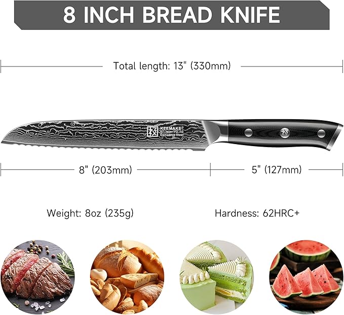 KEEMAKE Serrated Bread Knife, 8 Inch Japanese Damascus Kitchen Knife Wave Edge with G10 Ergonomic Handle, Cake Cutter Bread Slicing Knife for Sourdough Loaf Ciabatta