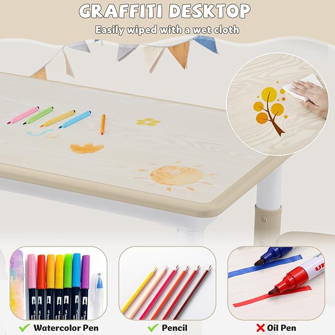 Adjustable Kids Table Chairs Set – Graffiti Desktop, Multi-Activity Height-Adjustable Toddler Study Desk for Ages 3-8 – Ideal for Home, Classroom, Daycare (W-Wood, 4 Chairs-47.2" L x 23.6" W)