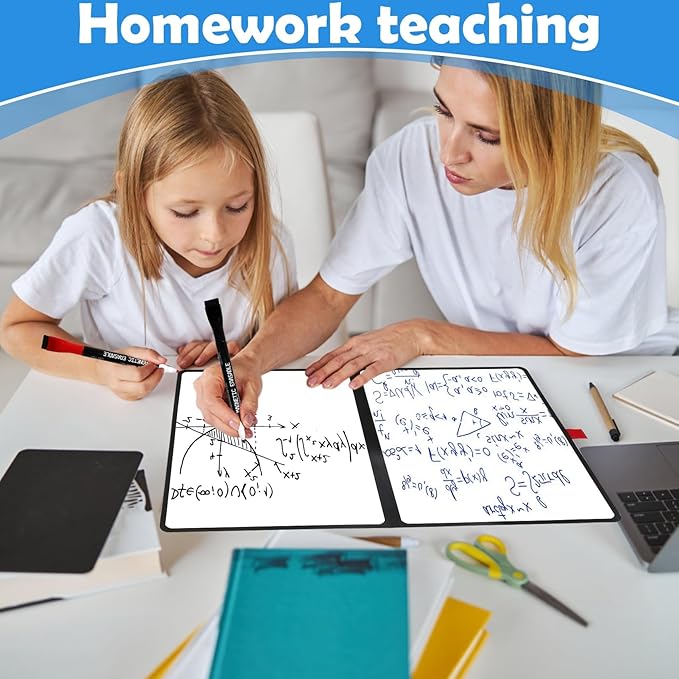 Double-Sided White Board 12x9 inch - Ultra-Thin 0.3" Portable Dry Erase Board with 3 Markers & Anti-Ghosting Surface | Magnetic-Ready | Foldable for Office, School, Travel, Homeschool (Black)