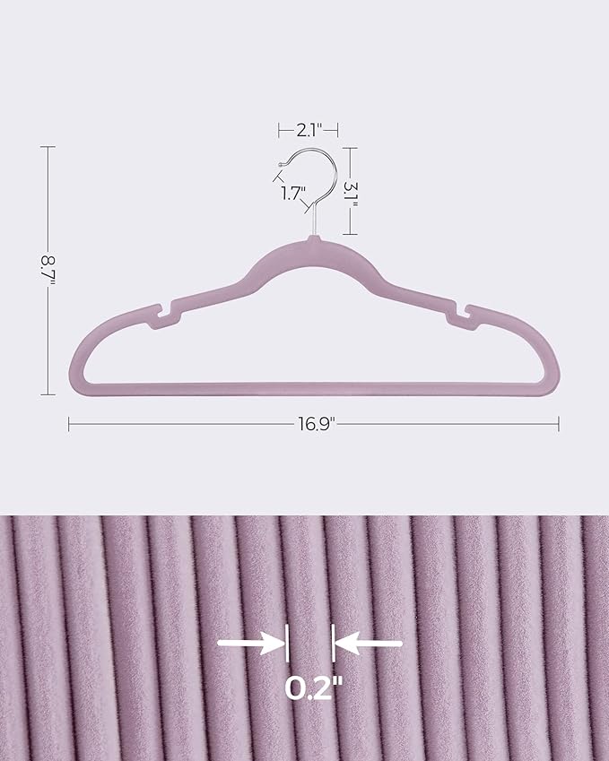 SONGMICS Velvet Hangers 50 Pack, Non-Slip Clothes Hangers, Suit Hangers with Shoulder Notches, Pants Bar, 360° Swivel Hook, Space-Saving, for Closet, Lavender Purple UCRF029GP05
