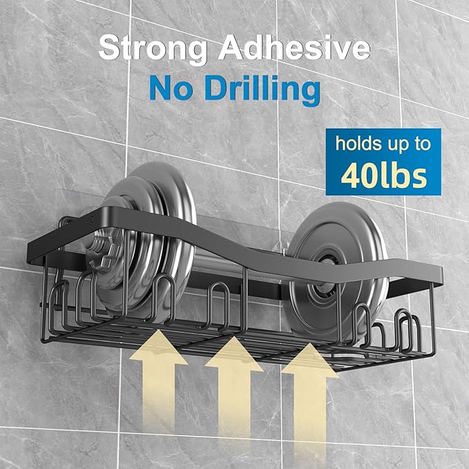 Adhesive Shower Caddy, No Drilling Bath Organizers 5 Pack, Rustproof Shelves with Soap Holder & Toothbrush Holder, Bathroom Organizers and Storage, Black