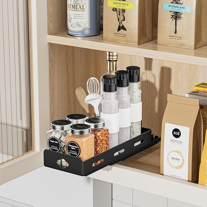 Pull Out Spice Rack Organizer for Cabinet, Heavy Duty-Slide Out Spice Rack, Vertical Spice Rack for Kitchen Cabinet and Pantry (4.2''Wx10.5''Dx2.8''H, Metal Black)