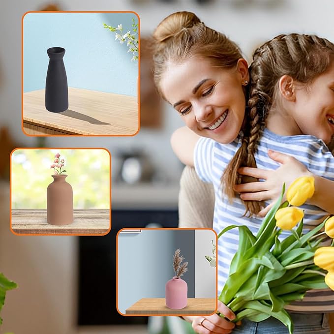 Ceramic Vase Set of 3, Rustic Modern Brown Vases for Bouquet, Fresh or Dried Plants, Home Decor-Modern Decorative Ceramic Flowers Vase for Rustic Home Decor (Black-Pink)