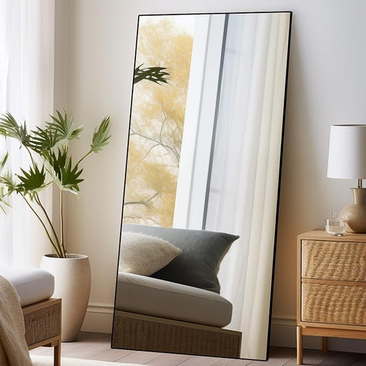 Beauty4U 71" x 32" Large Full Length Mirror with Stand, Black Wall Mounting Full Body Mirror, Metal Frame Full-Length Tempered Mirror for Living Room, Bedroom
