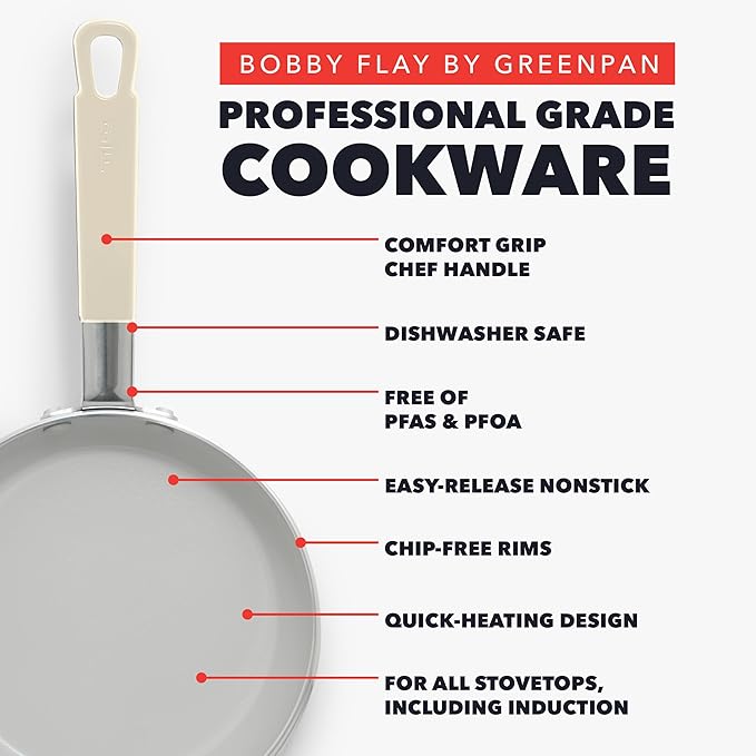 GreenPan x Bobby Flay 2 Piece- 8” and 10” Nonstick Frying Pan Skillet Set, PFAS-Free Diamond Ceramic, Induction Suitable, Stay-Cool Silicone Handle, Easy Clean Dishwasher & Oven Safe, Cream