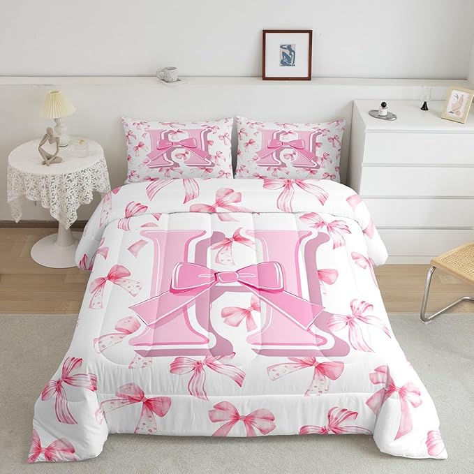 jejeloiu Kids Girls Cute Pink Bow Comforter Set Toddler Size Monogrammed Bedding Set Ultra Soft Personalized Initial H Duvet Quilt Coquette Bow Knot Quilt Set Room Decor Modern Fashion Comforter
