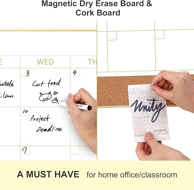 ARCOBIS Dry Erase Calendar Whiteboard Cork Board Combo, 36"x24" Magnetic White Board Calendar Dry Erase for Wall, Gold Frame Monthly Combination Board for Office, Home, School
