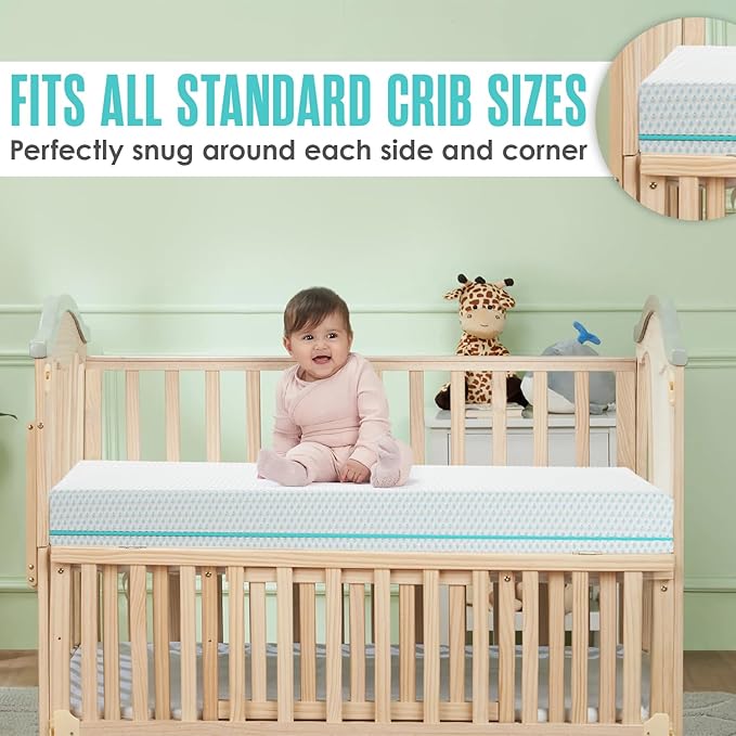 Sleepah 6" Crib & Toddler Bed Mattress Dual Sided (Firm & Plush) Cooling Memory Foam – Waterproof Washable Breathable Soft Cotton Fabric – CertiPUR Baby Mattresses - for Baby & Toddlers (Blue)