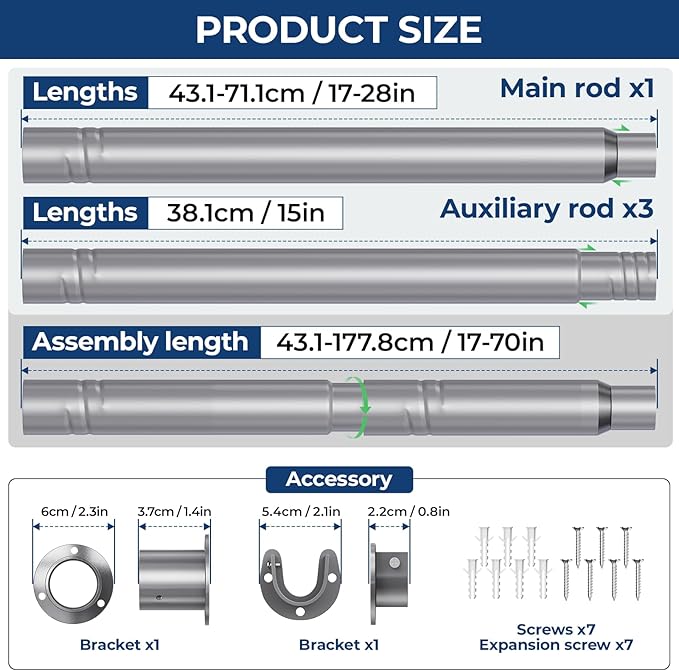 Mavivegue Closet Rod, 17 to 70 Inch Adjustable Closet Rods for Hanging Clothes, Silver Hanging Rod for Closet Wardrobes Laundry RV, Bathroom