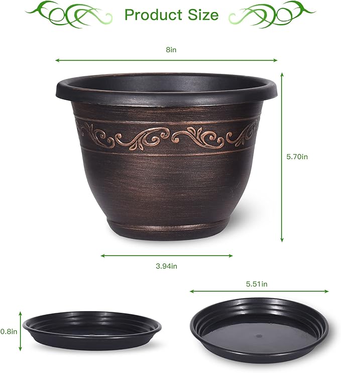 Plastic-Plant-Flower-Planters-8 Inch with Drainage Hole & Saucer, 6 Packs Lightweight Small Resin Flower Pot Indoor Outdoor, Retro Antique Imitation Decorative Garden Containers Sets for Houseplants