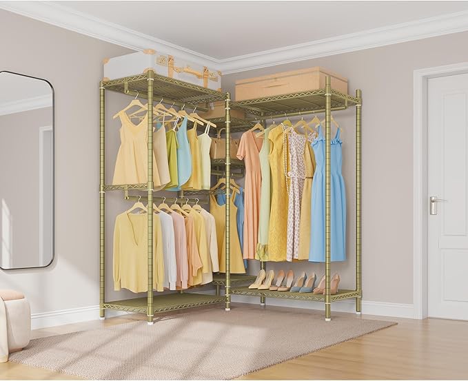 VIPEK L6 L Shaped Clothes Rack Heavy Duty Clothing Rack for Corner, 5-Tier Wire Garment Racks Metal Freestanding Closet with Adjustable Shelves, 42.1" L x 42.1" W x 76.4" H, Max Load 840LBS, Gold