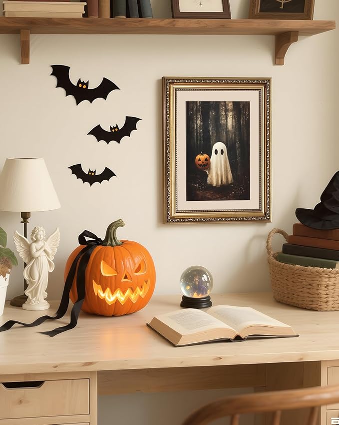 VIYYIEA Vintage Gold Framed Wall Art for Living Room, Ghost & Pumpkin Head Artwork Prints Decor, Halloween Wall Decor, Gallery Picture Painting, for Bedroom Bathroom Kitchen 14L x 11W