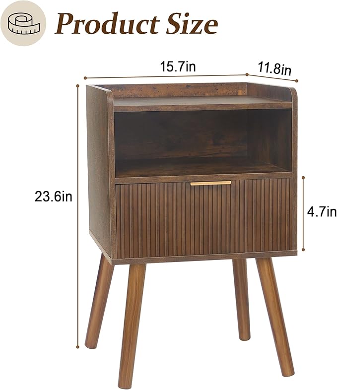 AWASEN Mid Century Modern Nightstand, Wood Bedside Table with Fluted Drawers, Rustic Night Stand Bed Side Table with Solid Wood for Living Room, Bedroom, Office and Small Space (Rustic Brown)