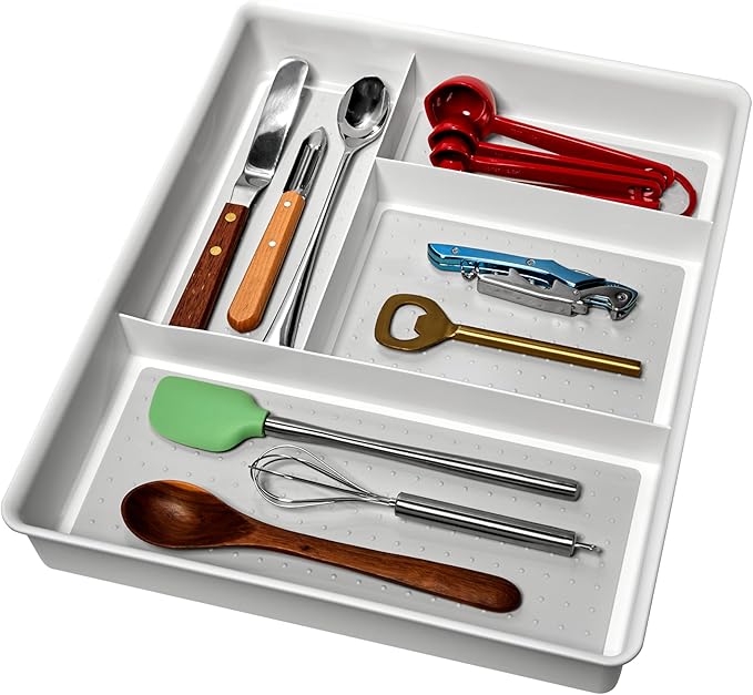 Madesmart Classic 4-Compartment Drawer Organizer Gadget Tray, Plastic Multipurpose Storage Bin for Drawers, White