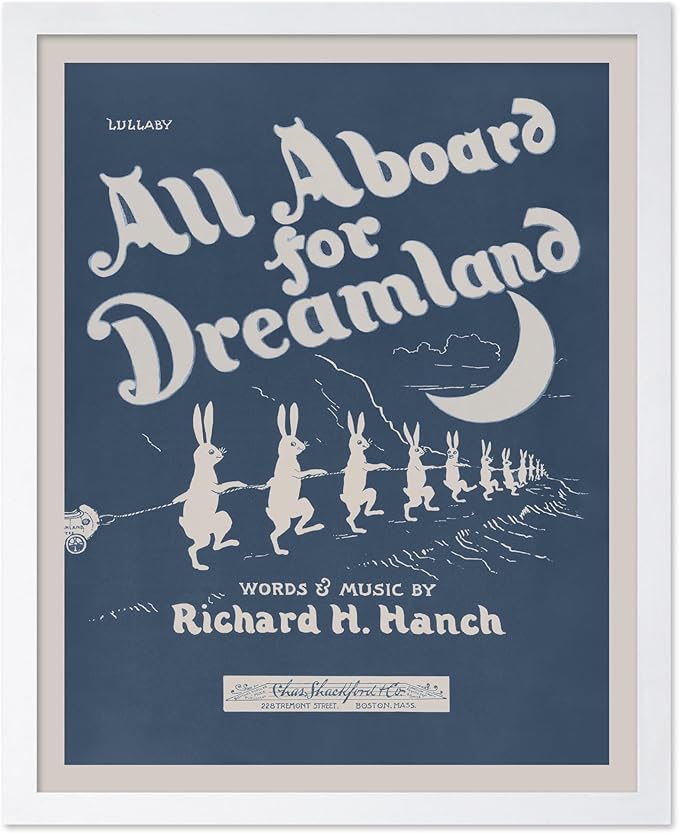 Poster Master All Aboard For Dreamland Poster - Retro Children's Lullaby Print - Story Book Art - Bunny Art - Rabbit Art - Aesthetic Art - Kid's Bedroom or Nursery Wall Decor, 11x14 White Framed