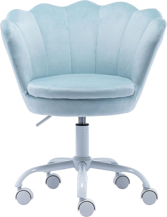 Velvet Kids Desk Chair Cute Computer Chair Modern Upholstered Swivel Arm Chair Adjustable Rolling Vanity Chair for Bedroom Living Room Girls (Blue)