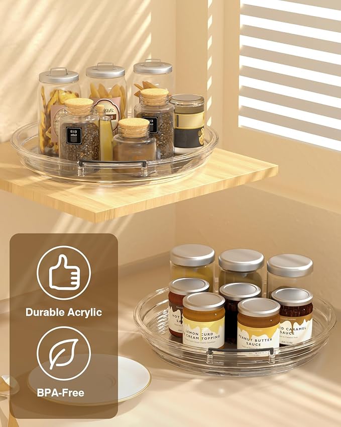 2 Pack Lazy Susan Organizer 9.25''and 11.81'' Two-Tier Lazy Susan Turntable for Cabinet, Spice Rack, and Pantry Storage - Spinning Makeup Organizer for Bathroom, Clear