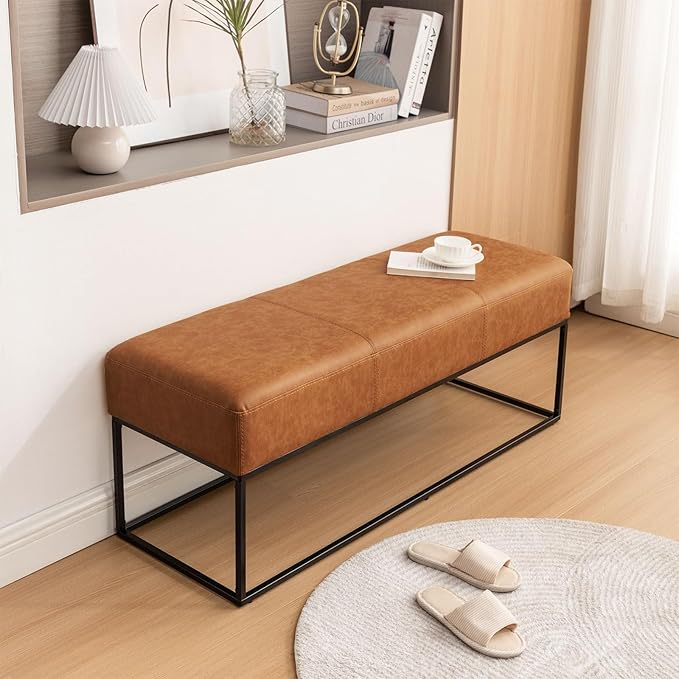 Entryway Bench for Bedroom End of Bed, Modern Ottoman with Faux Leather Upholstered Seating, Metal Frame Leather Bench for Bedroom Living Room Entryway [47'', Vintage Brown]