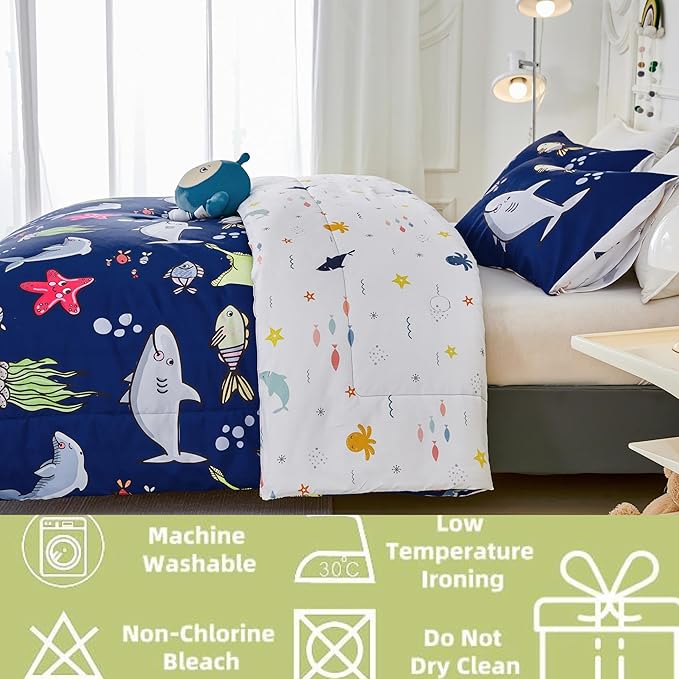 RYNGHIPY Kids Bedding Set for Twin Bed Reversible Ocean Animals Print Comforter Set for Boys Girls Easy-Wash Super Soft Microfiber Bed Set (Navy Ocean,Twin)