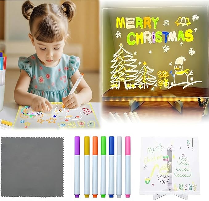 LED Note Board with 7 Colors Pen, 2025 New Acrylic Message Marker Board with Stand, Lighted Acrylic Dry Erase Board Illuminated Drawing Board Light with Colors for Office Home Christmas (15 * 15 cm)
