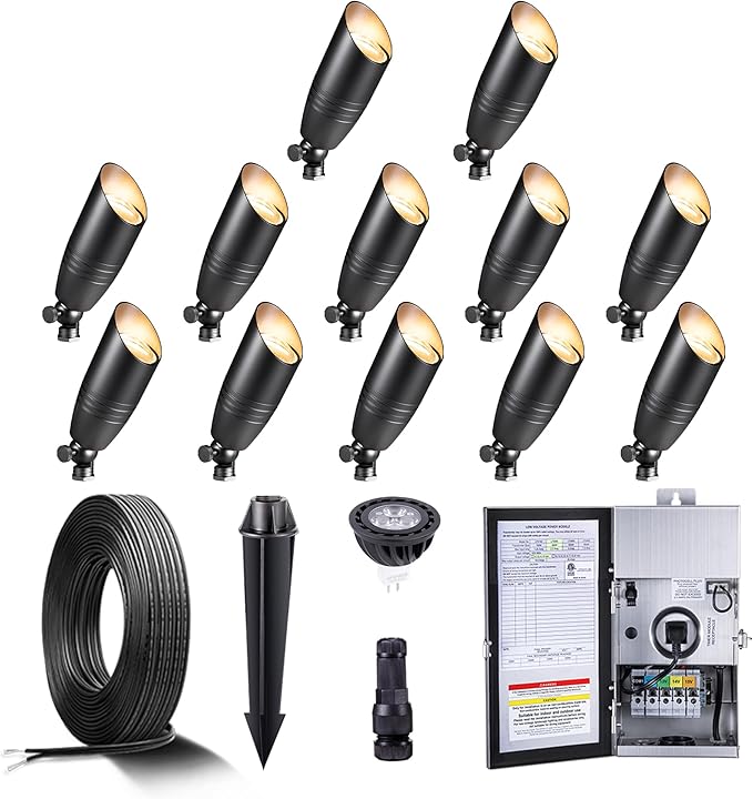 Black Brass Landscape Lighting Kit (12-Pack Spotlights) with 300W Low Voltage Transformer and Mechanical Timer and 250FT Wire and 50Pack Connectors for Outdoor Garden Patio