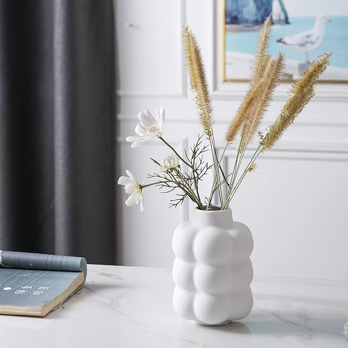 Ceramic Vase, Modern Dried Flower Vase, White Vase with Raised Dots, Boho Home Decor for Centerpiece Wedding Dinner Table Party Living Room Office Bedroom, Housewarming Gift