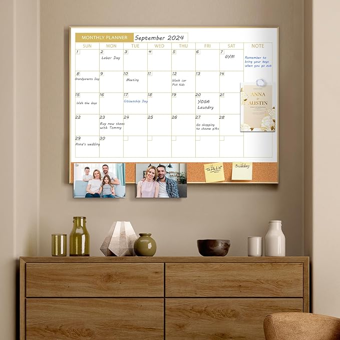 ARCOBIS Dry Erase Calendar Whiteboard Cork Board Combo, 24"x18" Magnetic White Board Calendar Dry Erase for Wall, Gold Frame Monthly Combination Board for Office, Home, School