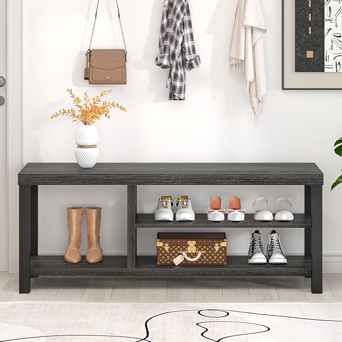 FOLUBAN Entryway Bench, Rustic Wood Shoe Storage Bench for Hallway Front Door Entrance, Industrial Indoor Bench for Bedroom Living Room, Dark Gray, 43.3 Inch