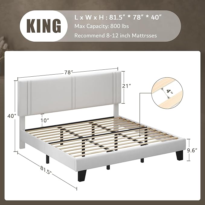 iPormis King Platform Bed Frame with Velvet Upholstered Headboard & Thickened Legs, Mattress Foundation with Solid Wooden Slats Support, No Box Spring Needed, Noise Free, White