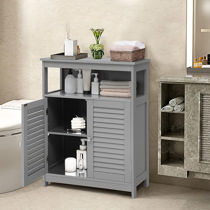 COSTWAY Bathroom Storage Cabinet, Wooden Side Storage Organizer with Louver Doors & Removable Shelf, Freestanding Floor Cabinet for Living Room, Kitchen, Entryway (Grey)