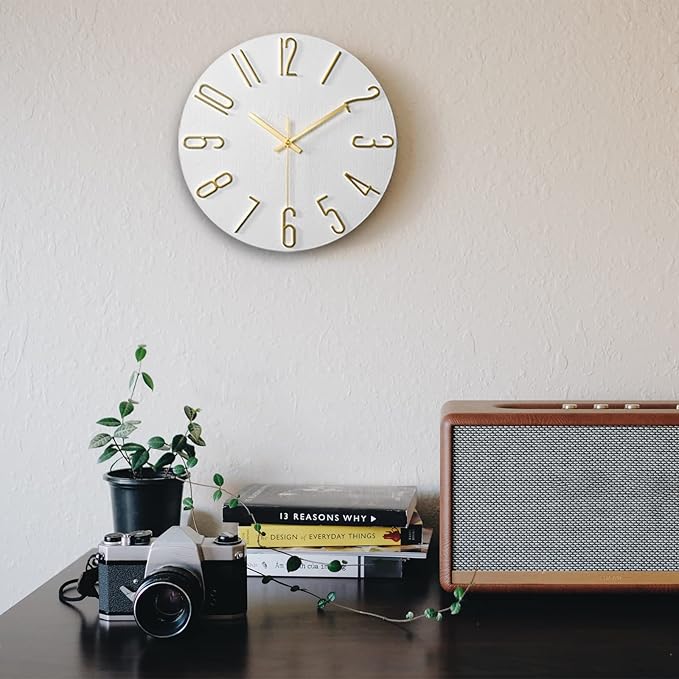 Faupugh Wall Clock Battery Powered 12 inch Silent Wall Clock, Exquisite Modern Style Decorative Clock, Suitable for Home, Office, School, Kitchen, Bedroom, Living Room (White)