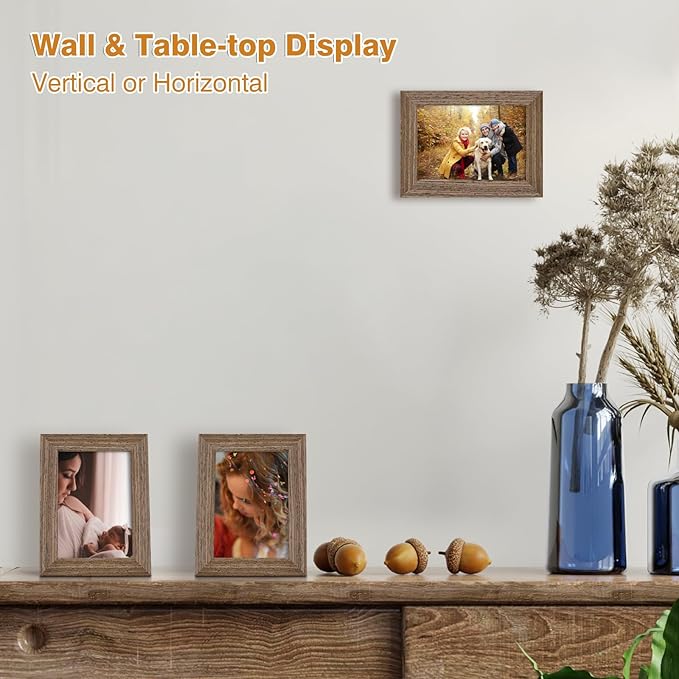 KINLINK 3.5x5 Picture Frame Rustic Brown, Solid Wood Frames with Plexiglass for Table Top and Wall Mounting, Photo Frames for Horizontal or Vertical Display, 4 Pack