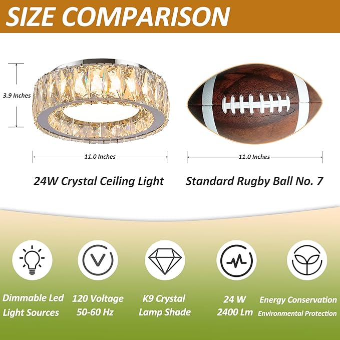 11 Inch Chrome Modern Luxury Crystal Flush Mount Ceiling Light Fixture,5CCT 3000K-6000K 24W,Round Small Dimmable Led Chandelier Hallway Lighting for Entryway,Kitchen,Bedroom,Laundry Room