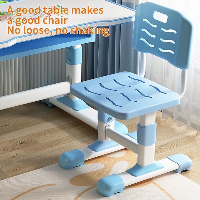 Study Desk Chair Set for Kids, Blue, Modern, Height Adjustable, Tiltable Reading Stand, Extra Large Drawer, LED Table Light