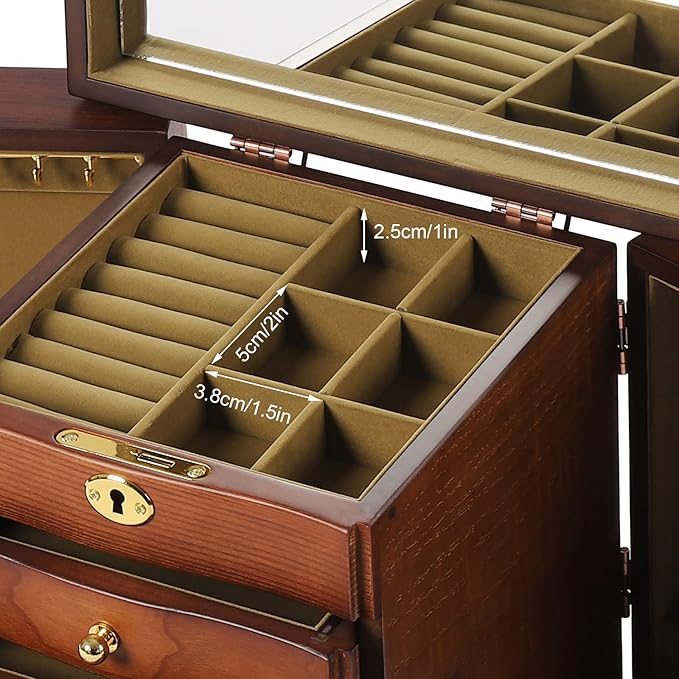 SHZICMY 5 Layers Solid Wooden Jewelry Boxes With Mirror,Vintage Jewelry Storage Organizer for Bracelet Necklace Ring Storage