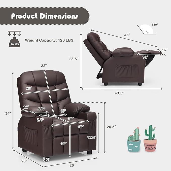 Kids Recliner, Kids Recliner Chair w/ 2 Cup Holders, PU Leather Kids Chairs Compy w/Adjustable Backrest & 3 Pockets, Toddler Furniture Sofa for Boys Girls Aged 3+ (Brown)