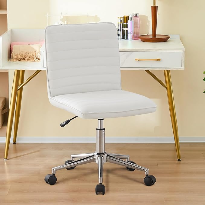 Furnimart Faux Leather Mid-Back Armless Office Desk Adjustable Task Chair Home Office Chair Small Swivel Chair Dorm Chair with Smooth Casters (PU White)