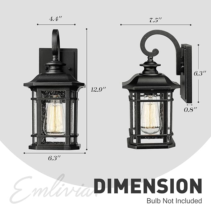 Emliviar Outdoor Wall Lantern Lights, 1-Light Exterior Wall Sconce Lamp, Black Finish with Clear Seeded Glass, 2084B BK