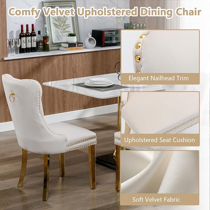 Goujxcy 5 Piece Round Glass Dining Table Set for 4, 36" Round Dining Table & Chair Set Modern Circle Glass Kitchen Table and 4 Velvet Upholstered Chairs for Kitchen Dining (Gold Table & Beige Chair)