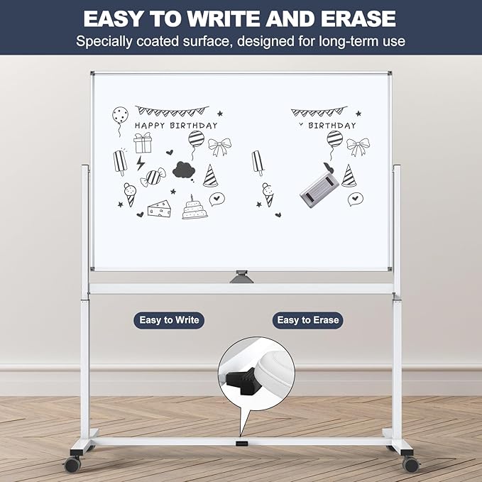 White Board on Wheels, 48 x 32 Inches Height-Adjustable Large Rolling Whiteboard, Mobile Magnetic Dry Erase Board with Stand, Double-Sided Standing Whiteboard for Office, Home, Classroom, School