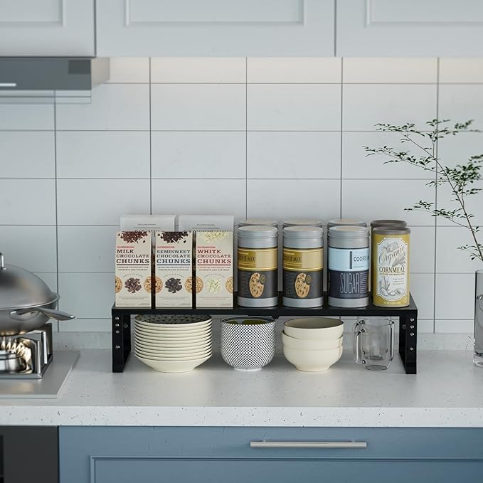 Expandable Spice Rack Organizion for Kitchen Cabinet, Seasoning,Bathroom Organizer Display Shelf, Stackable Multi-Purpose Shelves.Easy-to-Install（3Packs/Black,Large