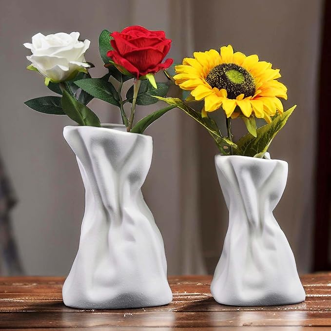 Paper Bag Vase Set of 2, White Ceramic Vases, Flower Vases, Aesthetic Minimalist Boho Vase for Modern Trendy Home Room Table Centerpiece Decor